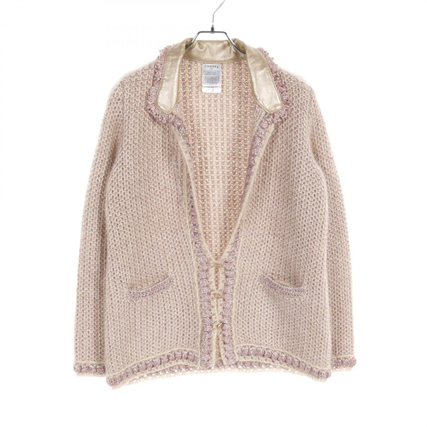 CHANEL CC cardigan P23997V01600 wool Mohair Lamb Learther Pink Used Women #42