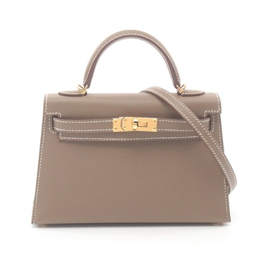 HERMES Mini Kelly 2 Shoulder Bag Epsom Leather GHW Etoupe Gray Brown Used Women