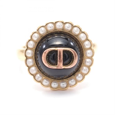 Christian Dior Petit CD Baroque Ring Gold Plated Black White Used US size 5.5 S