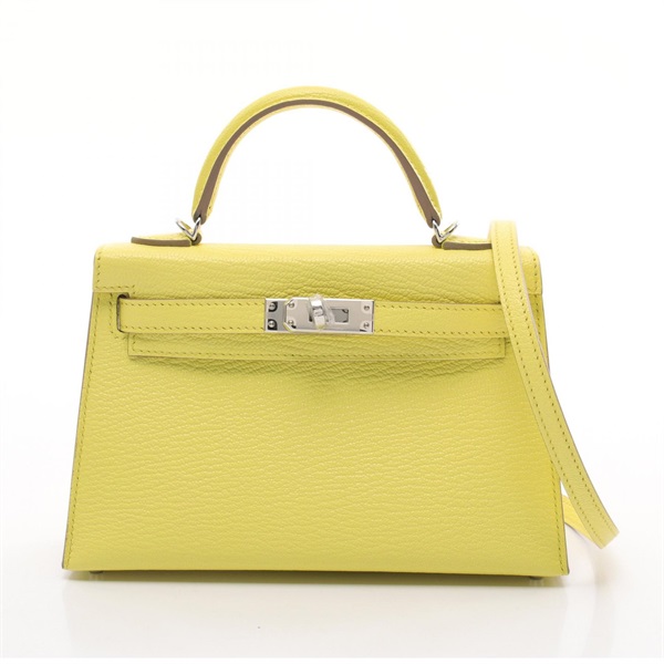 HERMES Mini Kelly 2 Shoulder Hand bag Chevre SHW Yellow Limoncello Used Women