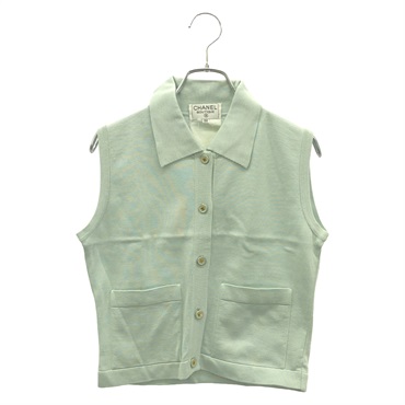 CHANEL Vintage Sleeveless Shirt Knit Tops cotton Blue Used Women #38 CC Coco