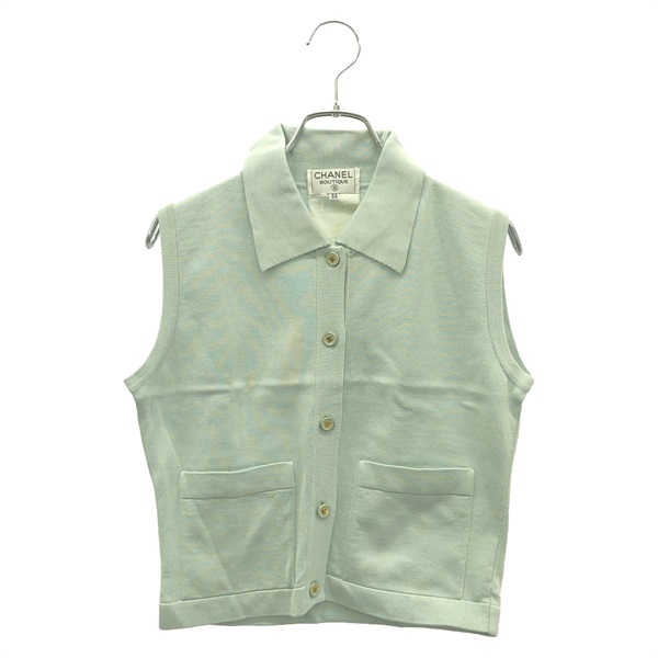 CHANEL Vintage Sleeveless Shirt Knit Tops cotton Blue Used Women #38 CC Coco