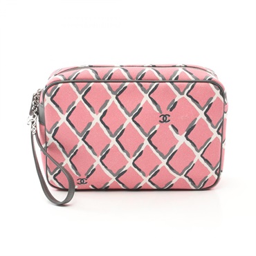 CHANEL Coco Beach Pouch purse canvas leather Pink Gray Used SHW