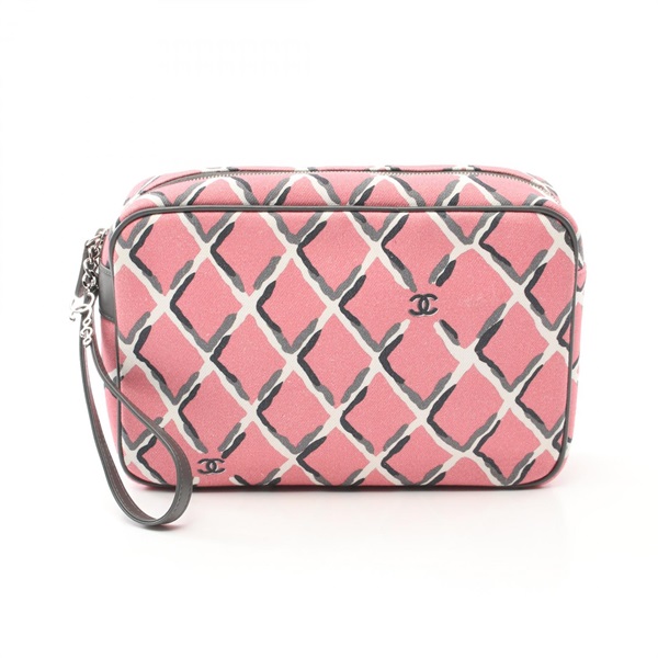 CHANEL Coco Beach Pouch purse canvas leather Pink Gray Used SHW
