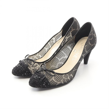 CHANEL Camelia pumps shoes heel Tweed Fabric Black Used Women size 35