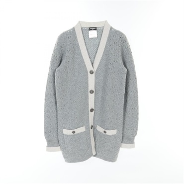 CHANEL COCO Mark cardigan knit jacket P43316K04407 cashmere Blue Gray Used #36