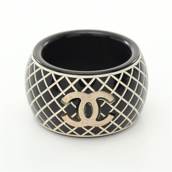 CHANEL COCO Mark Camelia Ring Plated Plastic Black White Gold Used US size 6.75