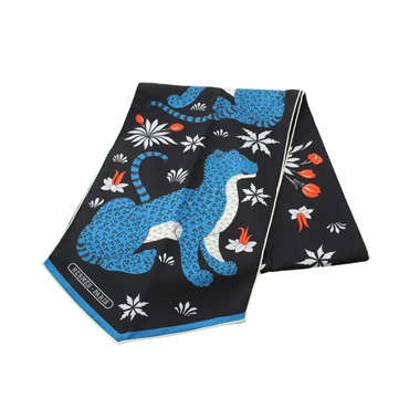 HERMES Maxi Twilly LES LEOPARDS Scarf silk Black Blue Multicolor Used Women