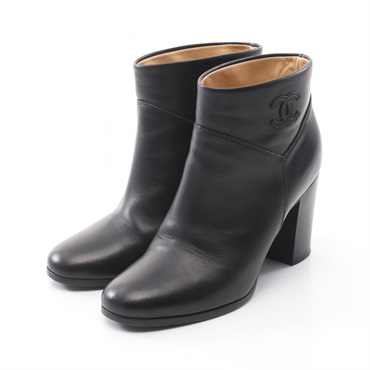 CHANEL COCO Mark short boots shoes heels #34.5 G26152 leather Black Used CC