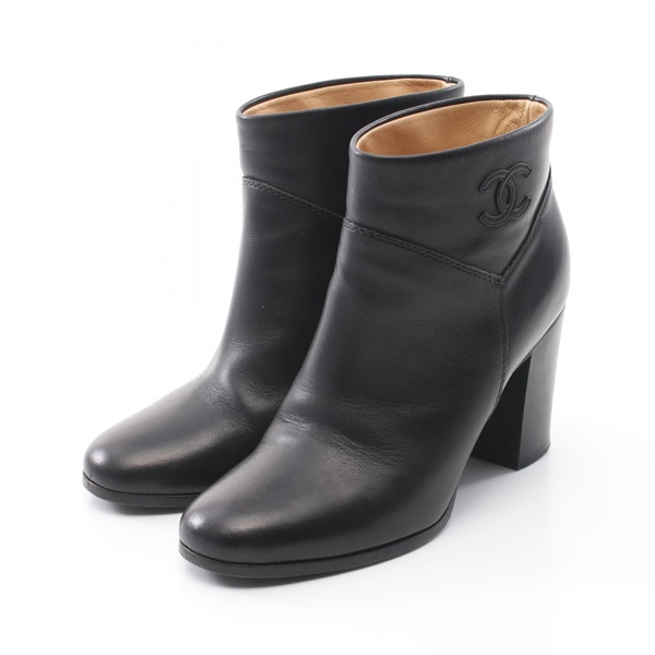CHANEL COCO Mark short boots shoes heels #34.5 G26152 leather Black Used CC