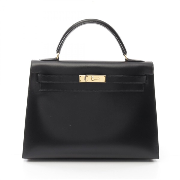 HERMES Kelly 32 Hand shoulder bag B outside stitched Box calf leather Black GHW