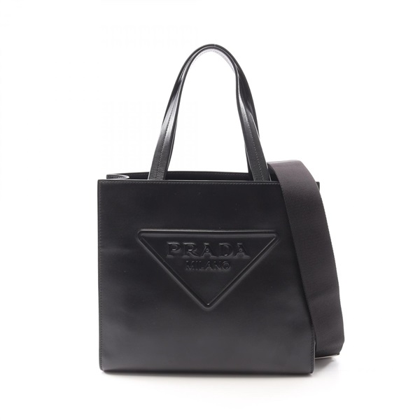 PRADA SOFT CALF triangle logo Tote Shoulder Bag 1BG382 leather Black Used women