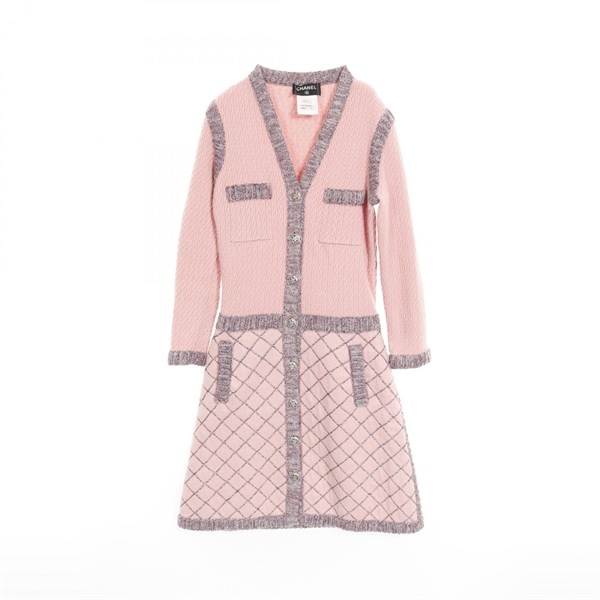 CHANEL Camelia button Dress P52761 silk cashmere Pink Blue Gray Used 92cm #34