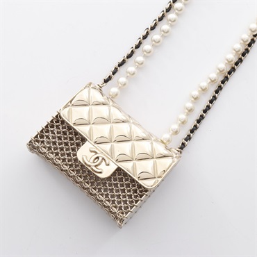 CHANEL Matelasse Necklace Pendant Gold Plated Artificial pearl Beige Black women