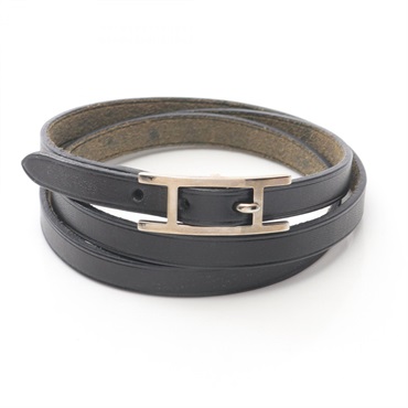 HERMES Api 3 Long Bracelet leather Stainless Steel Black Used Women