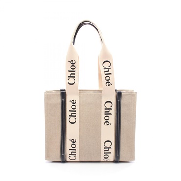 Chloe WOODY Medium Tote Shoulder Bag canvas leather Beige Black Used Women logo