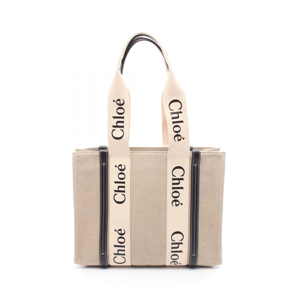 Chloe WOODY Medium Tote Shoulder Bag canvas leather Beige Black Used Women logo