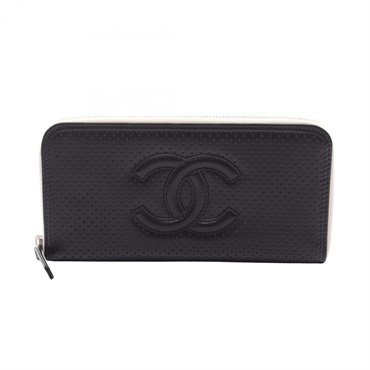 CHANEL COCO Mark Around Long wallet leather Black White Used Women CC Logo