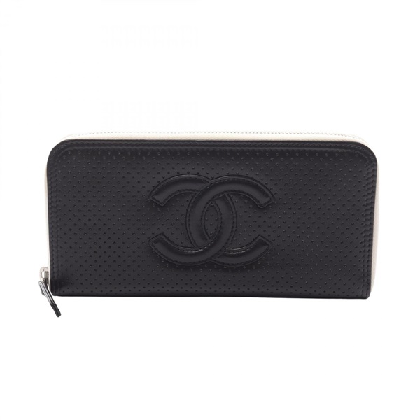 CHANEL COCO Mark Around Long wallet leather Black White Used Women CC Logo