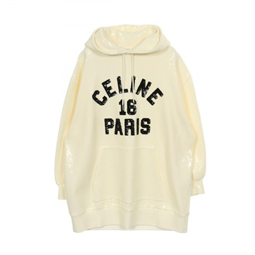 CELINE Sequin Logo Hoodie Sweatshirt cotton White Black Used mens size XS