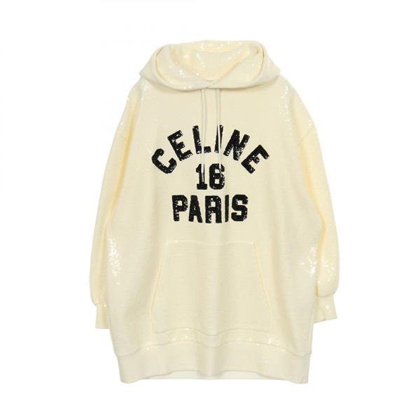 CELINE Sequin Logo Hoodie Sweatshirt cotton White Black Used mens size XS
