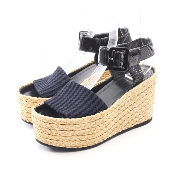 CELINE Sandals Heel leather Fabric Black Navy Used Women size 36.5