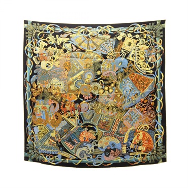 HERMES Carre 90 AU FIL DU CARRE Scarf Foulard Wrap Stole silk Black Used
