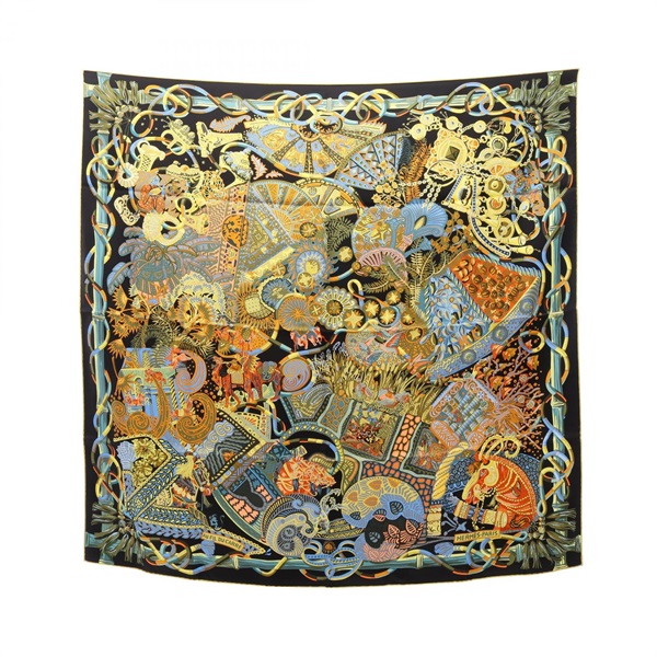 HERMES Carre 90 AU FIL DU CARRE Scarf Foulard Wrap Stole silk Black Used