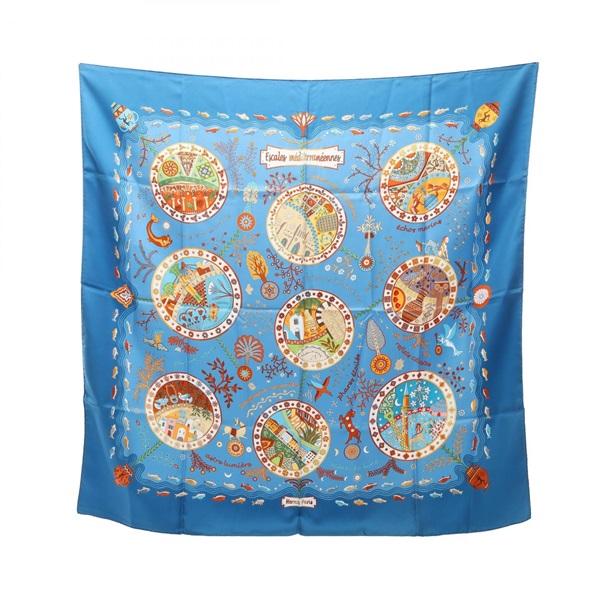 HERMES Carre 90 Escales mediterraneennes Scarf Stole silk Blue Multicolor Used