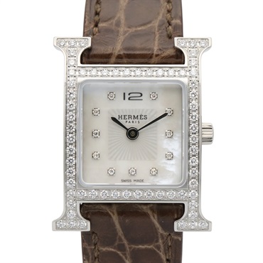 HERMES H watch Wrist Watch HH1.230 Quartz SS Diamond leather Used Women
