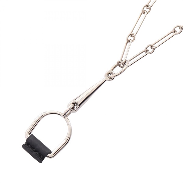 HERMES Heritage Equestre PM Necklace Stainless Steel Swift leather BK Used Women