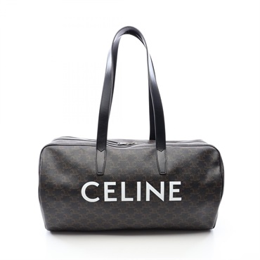 CELINE Triomphe Duffle Shoulder Boston Bag canvas leather Black Brown Used