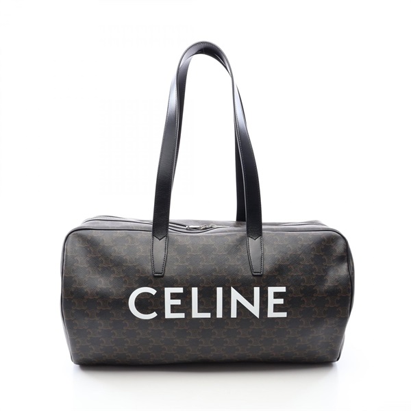 CELINE Triomphe Duffle Shoulder Boston Bag canvas leather Black Brown Used