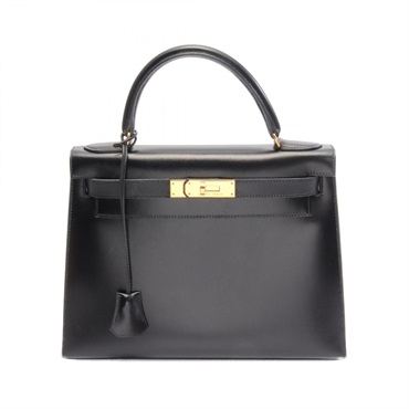 HERMES Kelly 28 Hand bag U outside stitched Box calf leather Black Used GHW