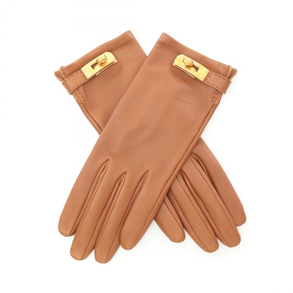 HERMES Kelly Gloves gants #6.5 22cm leather Brown gold Used