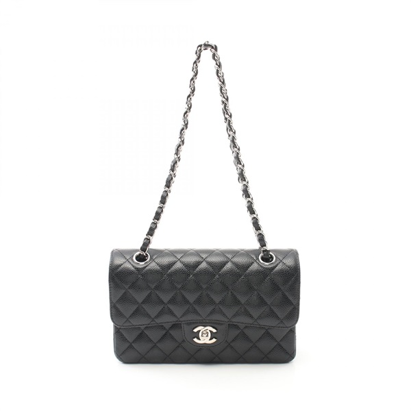 CHANEL Matelasse W flap Shoulder Bag A01113 Grained calfskin Black Used Women CC