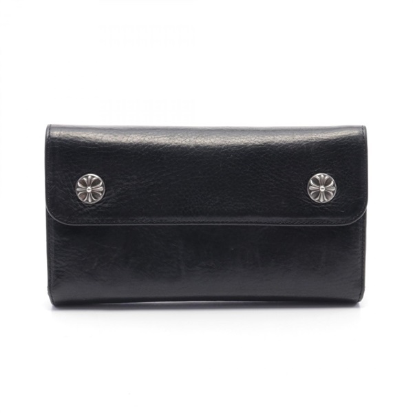 CHROME HEARTS WAVE CROSSBALL Tri-fold long wallet purse leather Black