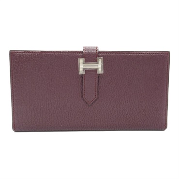 HERMES Bearn Soufflet Bi-fold Long Wallet purse L Chevre Prune Used SHW