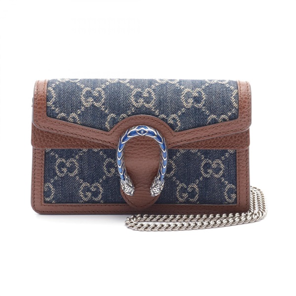 GUCCI Dionysus GG denim super mini Shoulder Bag 476432 leather Navy Brown Used