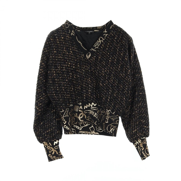 CHANEL Camellia COCO Mark knit P61818 wool Nylon Black Gold Used Women