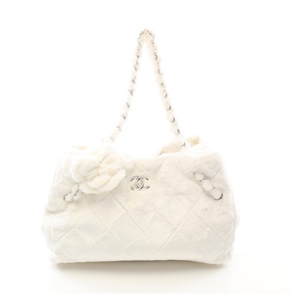 CHANEL Camellia Matelasse Tote Bag Patent leather Eco-fur White Used Women