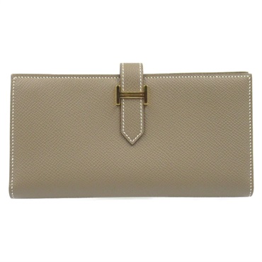 HERMES Bearn Soufflet Bi-fold Wallet Epsom leather Brown Etoupe Grey Used Z GHW