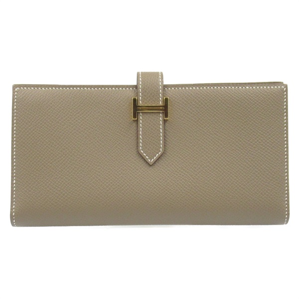HERMES Bearn Soufflet Bi-fold Wallet Epsom leather Brown Etoupe Grey Used Z GHW