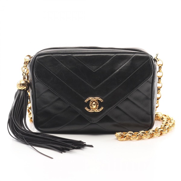 CHANEL Chevron V Stitch Chain Shoulder Bag Lamb sheep leather Black Used GHW CC