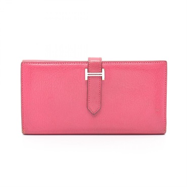 HERMES Bearn Dupri Tri-fold long wallet J Chevre leather Rose shocking Used SHW