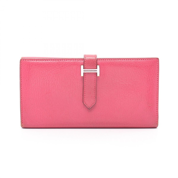HERMES Bearn Dupri Tri-fold long wallet J Chevre leather Rose shocking Used SHW