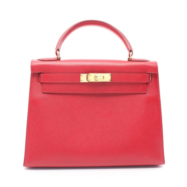 HERMES Kelly 28 Hand shoulder bag U Outside stitched Courchevel Rouge vif GHW