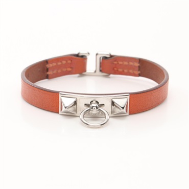 HERMES Rivale mini Bracelet Swift leather Stainless Steel Orange U Used women