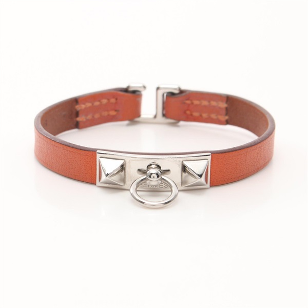 HERMES Rivale mini Bracelet Swift leather Stainless Steel Orange U Used women