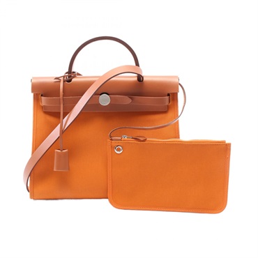 HERMES Herbag Zip PM 2way Handbag Toile Military canvas leather Orange Used SHW
